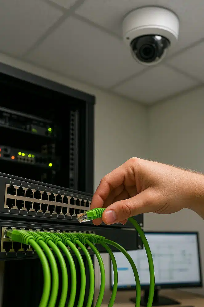 ICT-engineur stopt kabels in een switch
