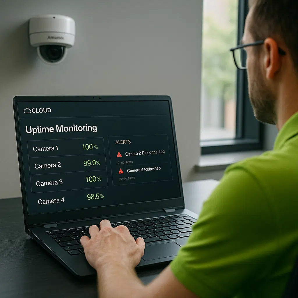 Man onderhoud een camera systeem op zijn laptop